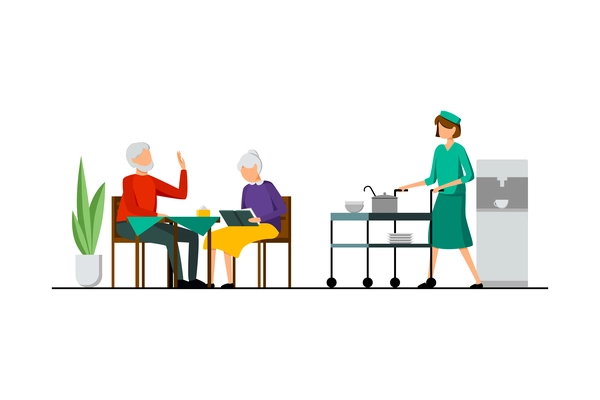 Color flat nursing home characters composition with nurse delivers food to an elderly couple at lunchtime vector illustration