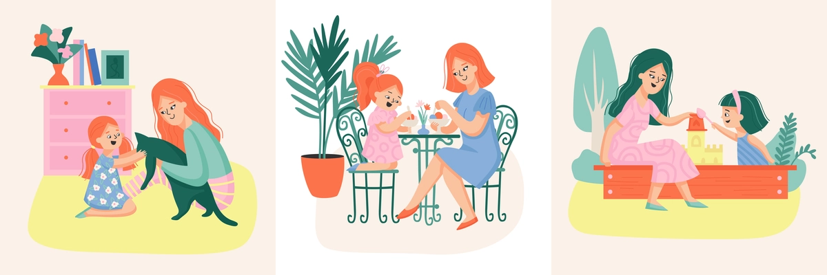 Mother and daughter design concept with set of three square compositions with views of family activities vector illustration
