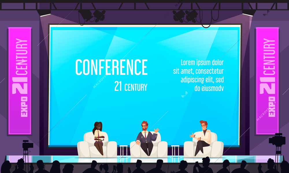 Conference hall background with expo presentation symbols flat vector illustration