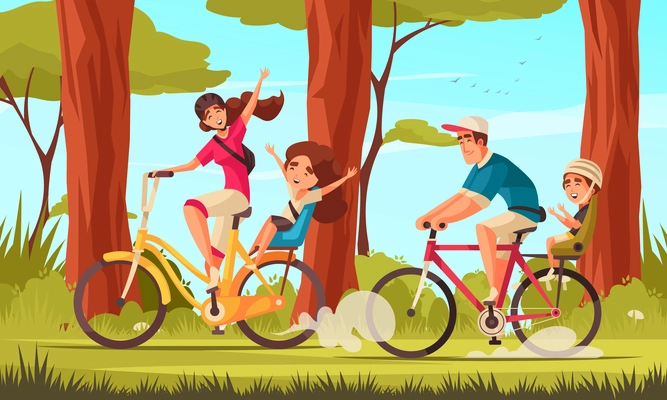 Cycling family background with sport and recreation symbols flat vector illustration