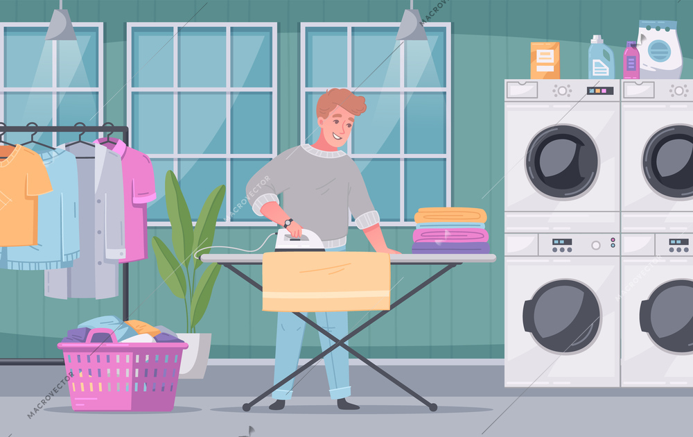 Self service coin laundry facility interior flat cartoon composition  with customer ironing his washed clothes vector illustration