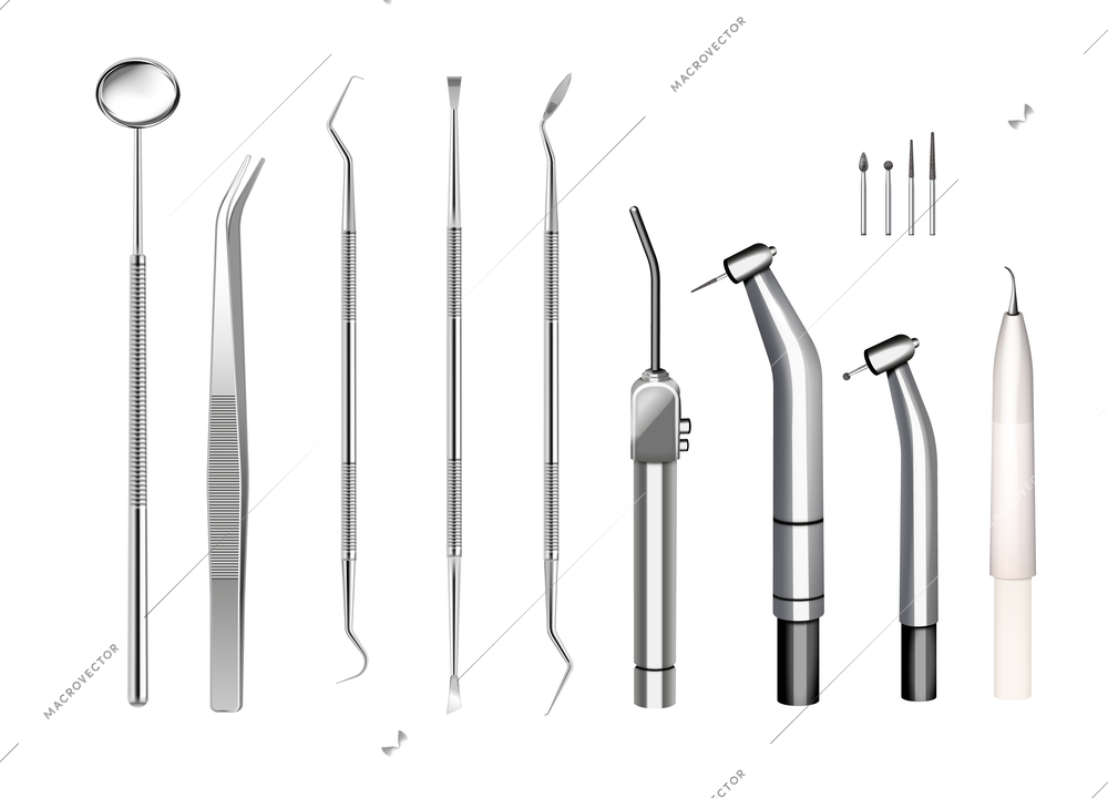 Set of isolated stomatological cabinet realistic images of dental equipment with forceps little mirror dental drill vector illustration