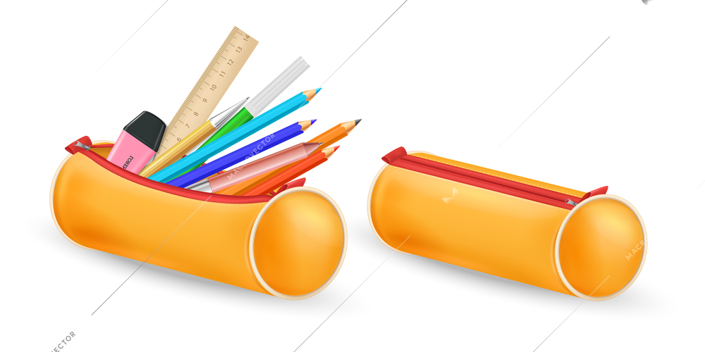 Open and closed orange school pencil case with pencils ruler highlighter pen realistic isolated vector illustration