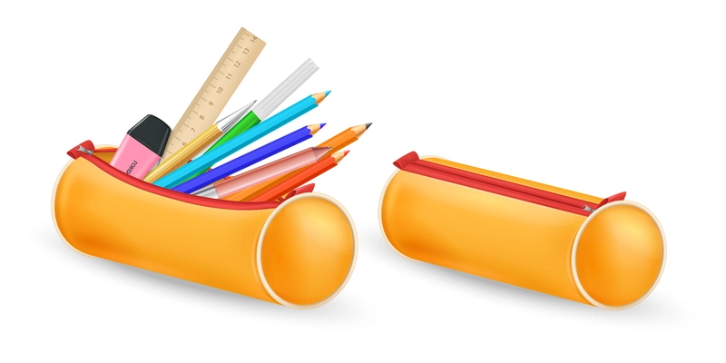 Open and closed orange school pencil case with pencils ruler highlighter pen realistic isolated vector illustration