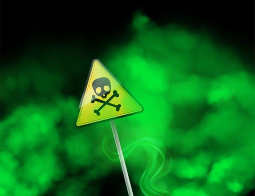 Triangular warning sign with skull and crossbones in clouds of green toxic smoke on black background realistic vector illustration