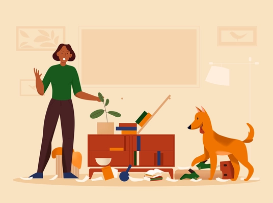 Flat angry woman and her naughty dog making mess in room with books papers boots lying about the floor vector illustration