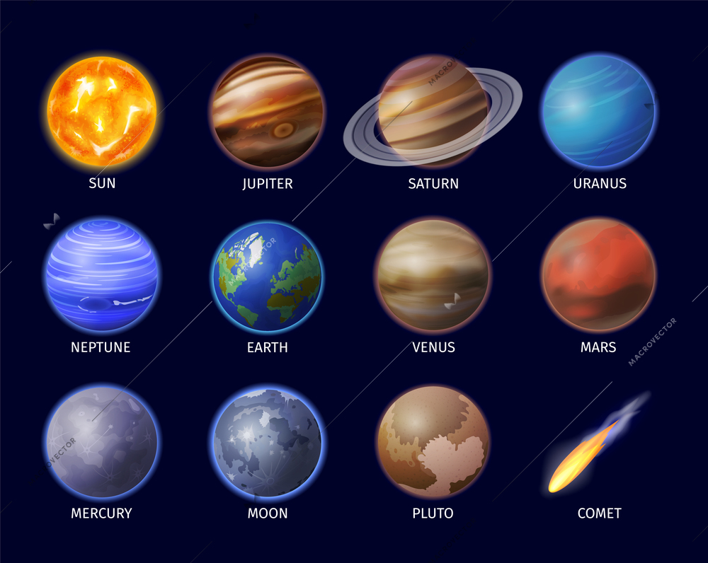 Space planet realistic set with Earth and Venus isolated vector illustration