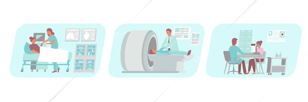 Set of three medical diagnostic compositions with flat characters of doctors nurse and patients with appliances vector illustration