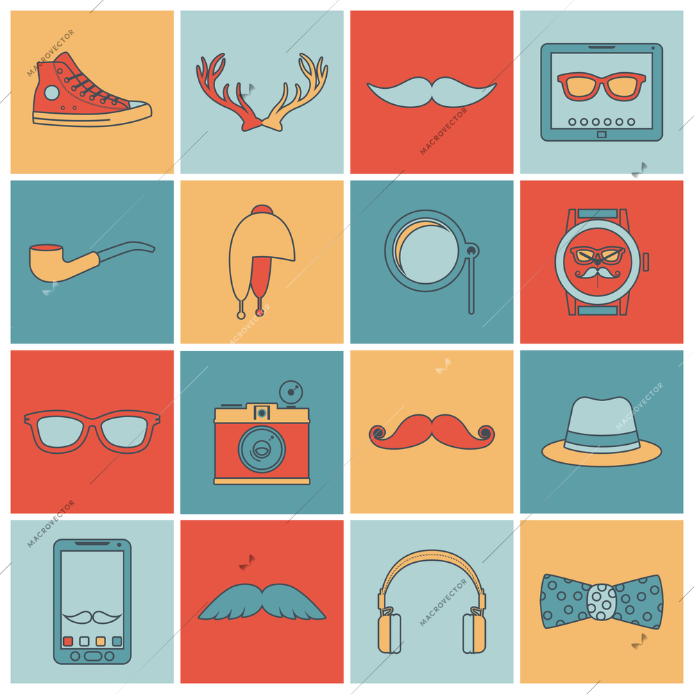 Hipster geek urban fashion elements and accessories flat line icons set isolated vector illustration