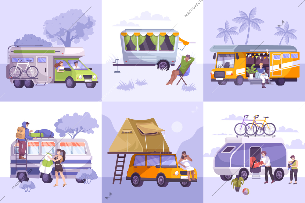 Six flat compositions set with campers and recreational vehicles in forest mountains on beach isolated vector illustration