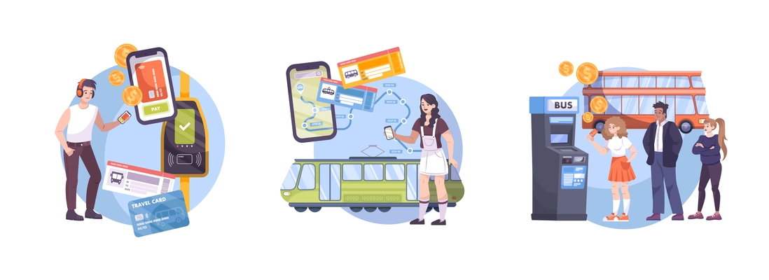 Set of three flat compositions with people using public transport app paying fare buying tickets isolated vector illustration