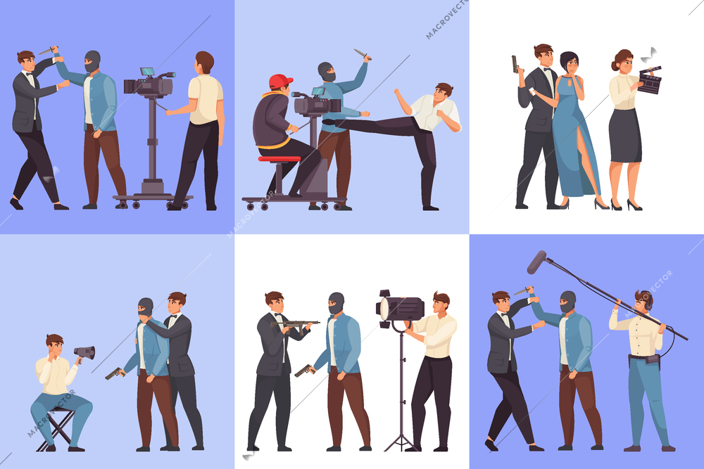 Movie production six flat square compositions of filmmaking with filmmaker actors doubler characters vector illustration