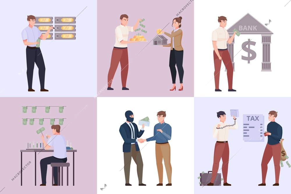 Cash money six square compositions with people giving bribe laundering banknotes hiding money at home flat vector illustration