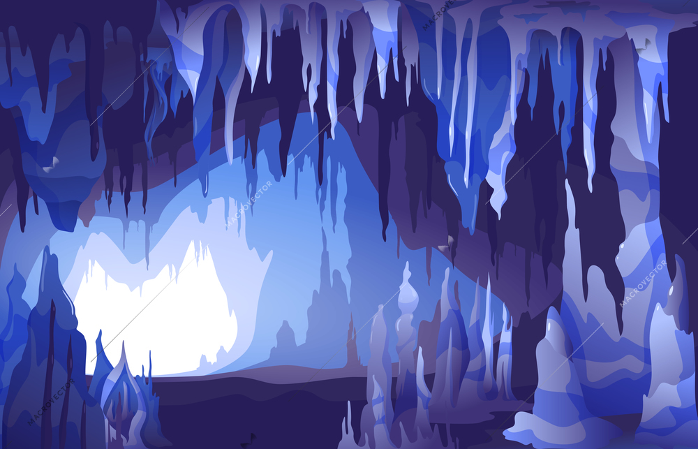 Interior view of cave entrance with spectacular stalactites and stalagmites formations in blue grey hues vector illustration