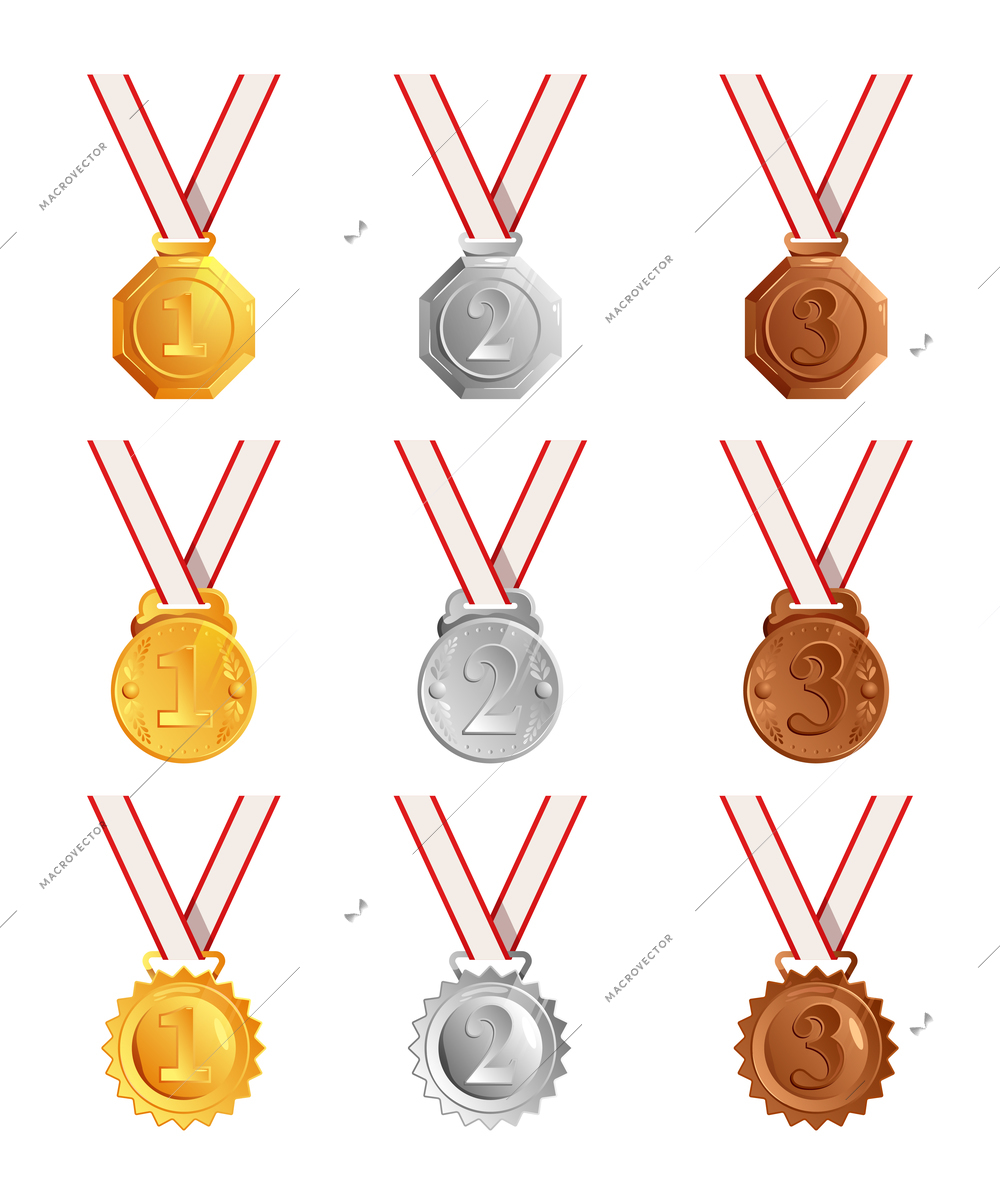 Competitions championships winners prizes  gold silver bronze medals awards rewards set on white background isolated vector composition