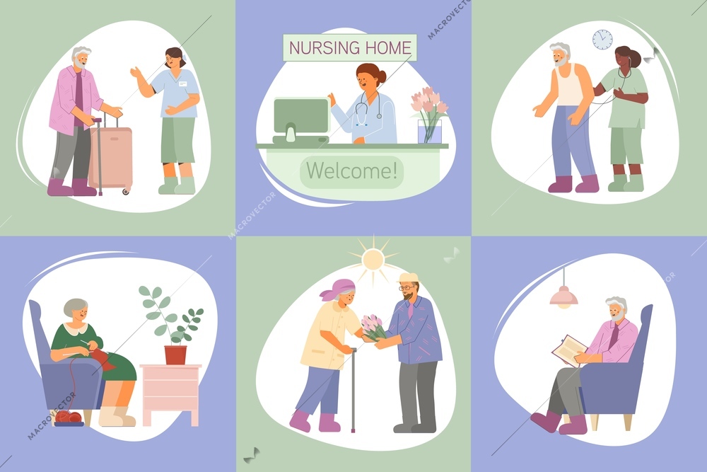 Medical care and leisure activities for elderly people at nursing home flat composition set on colored background isolated vector illustration