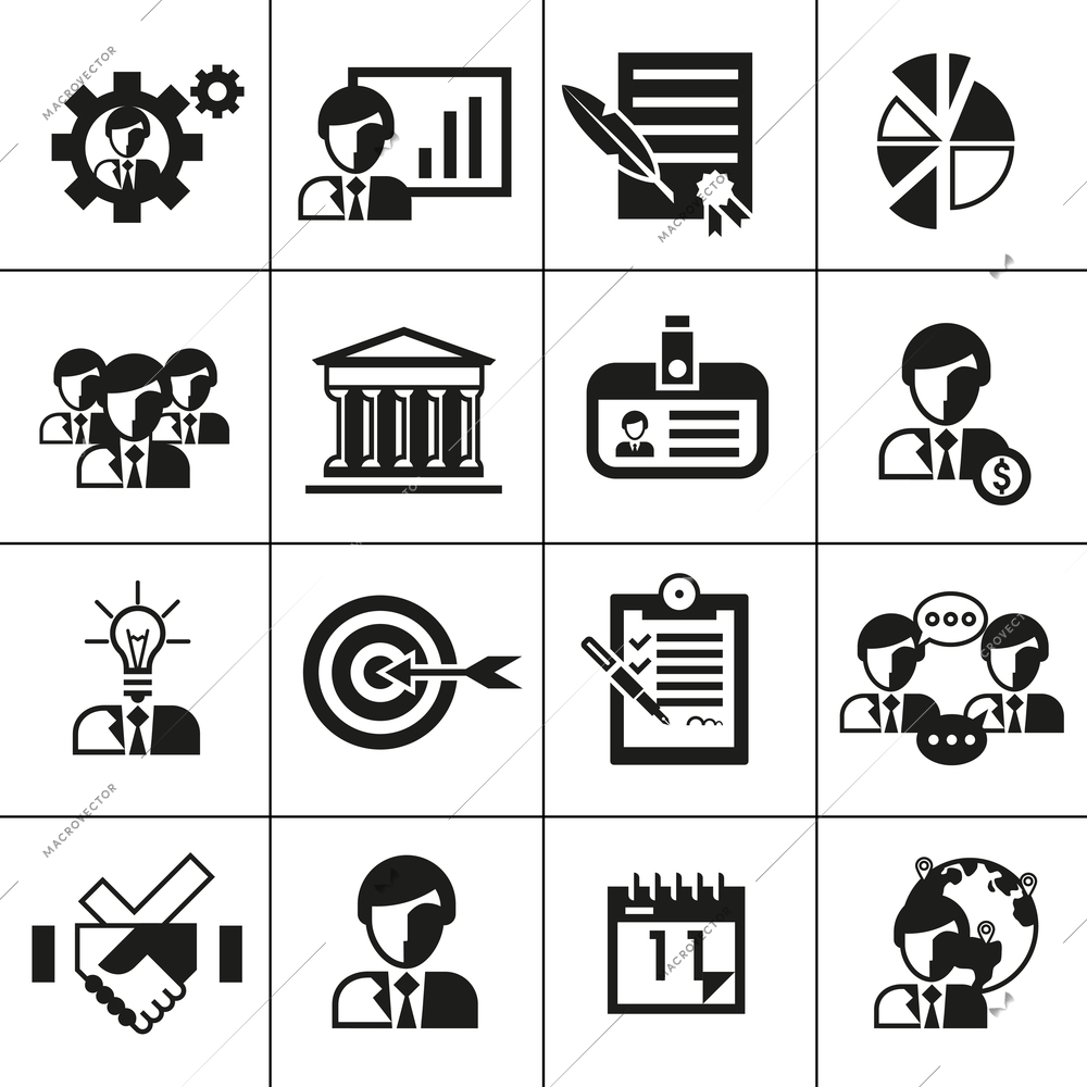 Business management icons black set with contract gear presentation chart isolated vector illustration