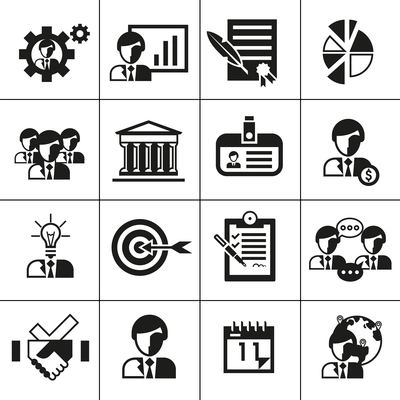 Business management icons black set with contract gear presentation chart isolated vector illustration