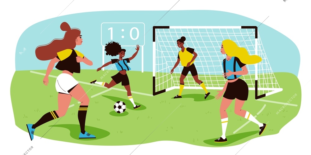 Female football team on field and woman scoring goal flat vector illustration