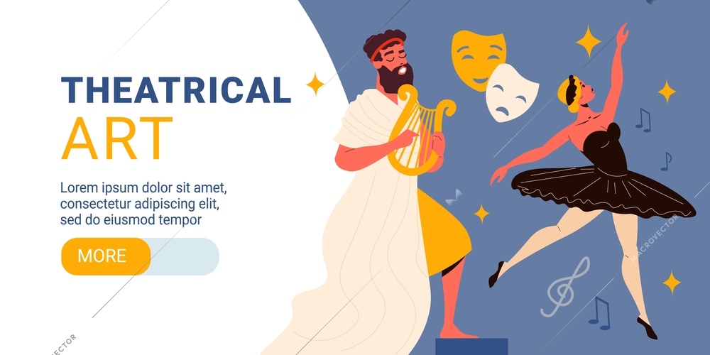 Theatre horizontal banner with human characters of ballerina and actor holding harp flat vector illustration