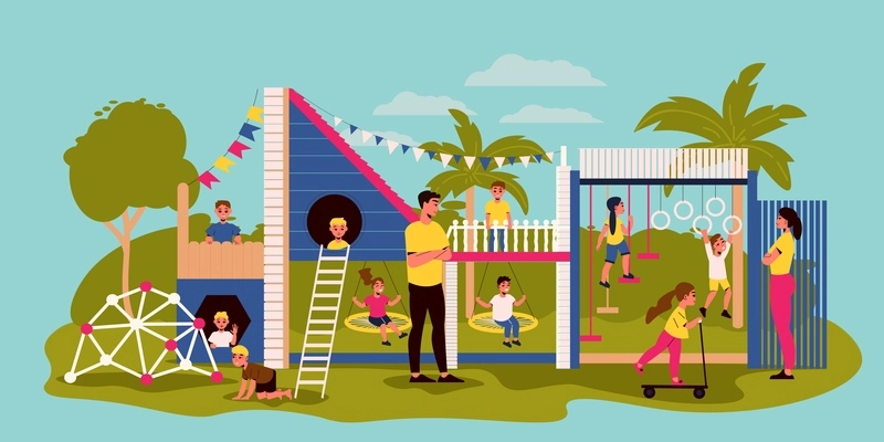 Little boys and girls with their parents having fun on kids playground with various equipment flat vector illustration