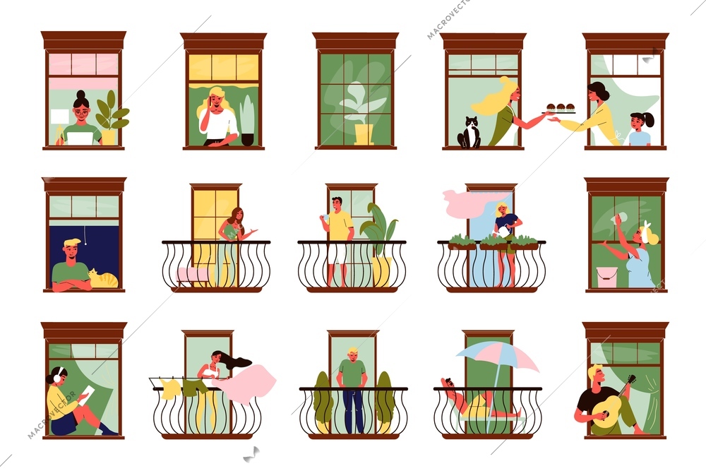 Neighbours men and women reading communicating playing guitar cleaning watering plants in their windows and on balconies flat set isolated vector illustration