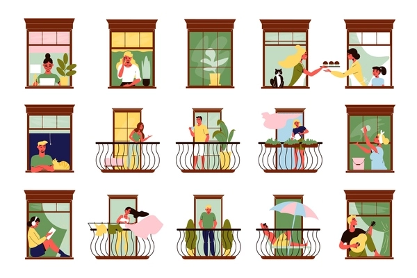 Neighbours men and women reading communicating playing guitar cleaning watering plants in their windows and on balconies flat set isolated vector illustration