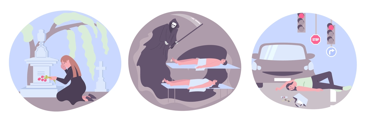 Flat compositions set with mourning woman on cemetery death taking souls of people in mortuary and person hit by car isolated vector illustration
