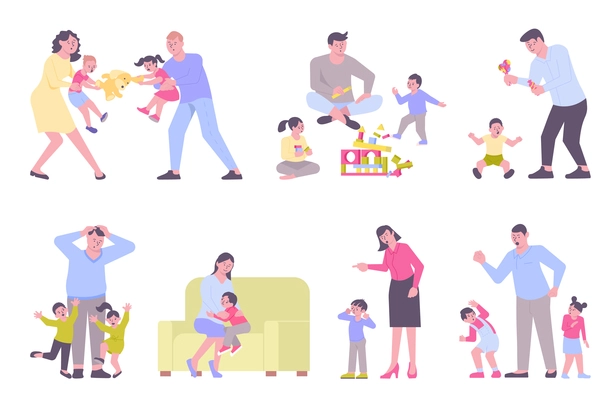 Parenting types flat set with emotional children angry and kind parents isolated vector illustration