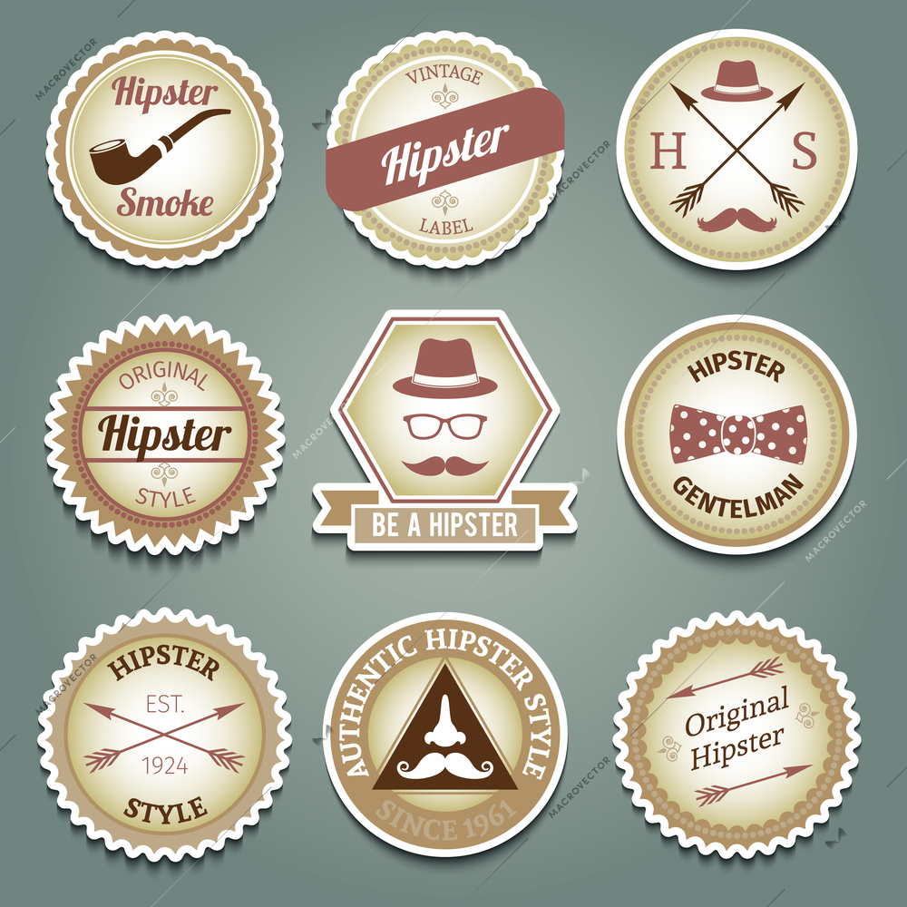 Hipster smoke vintage original style gentleman authentic paper labels set isolated vector illustration