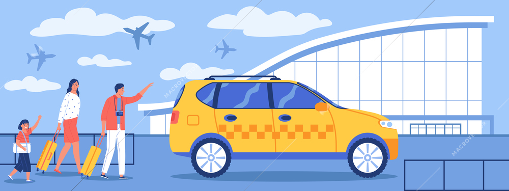 Family on vacation takes a taxi at the airport flat vector illustration