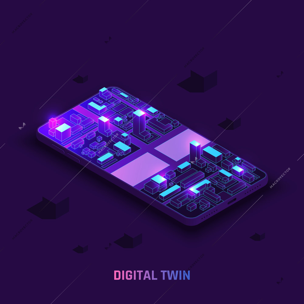 Digital twin technology smart city infrastructure isometric 3d simulation on smartphone screen glowing dark purple background vector illustration