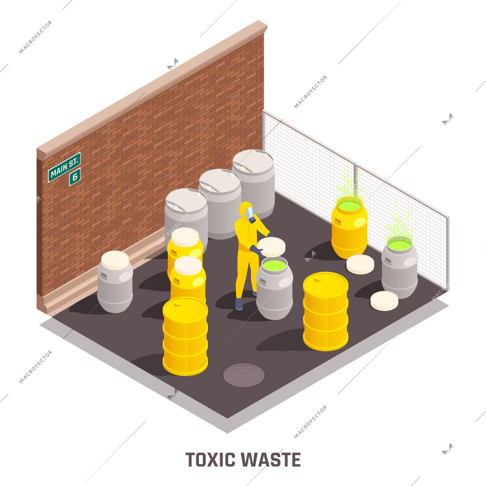 Colored isometric toxic waste nuclear chemical pollution biohazard composition with drums with toxic substances vector illustration