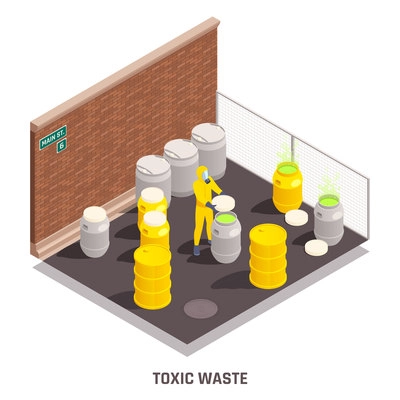 Colored isometric toxic waste nuclear chemical pollution biohazard composition with drums with toxic substances vector illustration