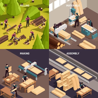 Four furniture production isometric icon set with felling materials making and assembly descriptions vector illustration