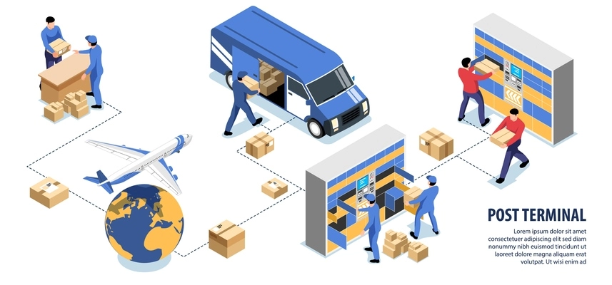 Post terminal isometric infographics with air and ground transportation delivering customer online purchases vector illustration