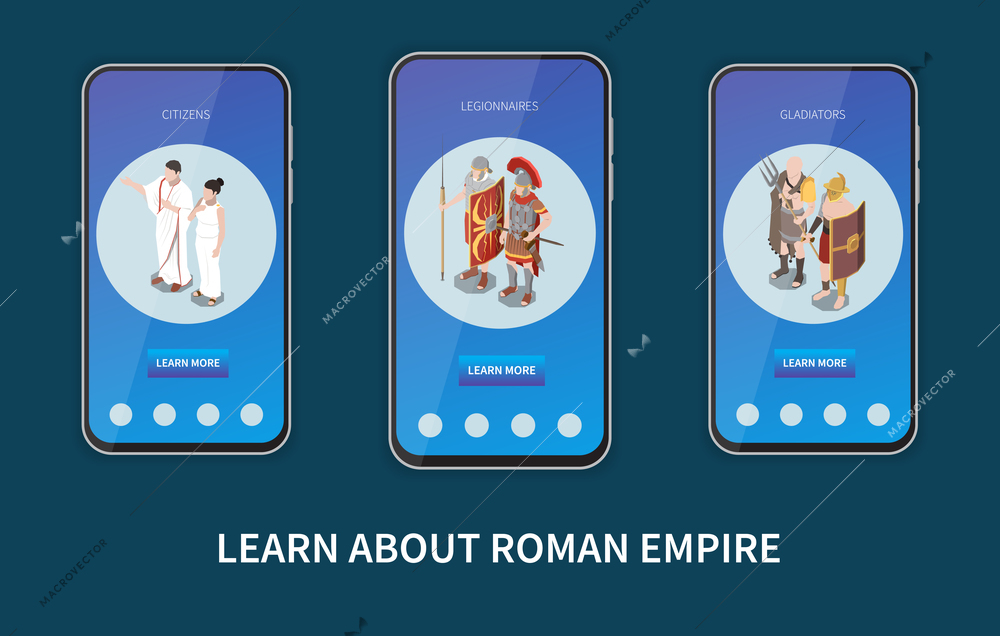 Roman empire composition set with gladiators symbols isometric isolated vector illustration