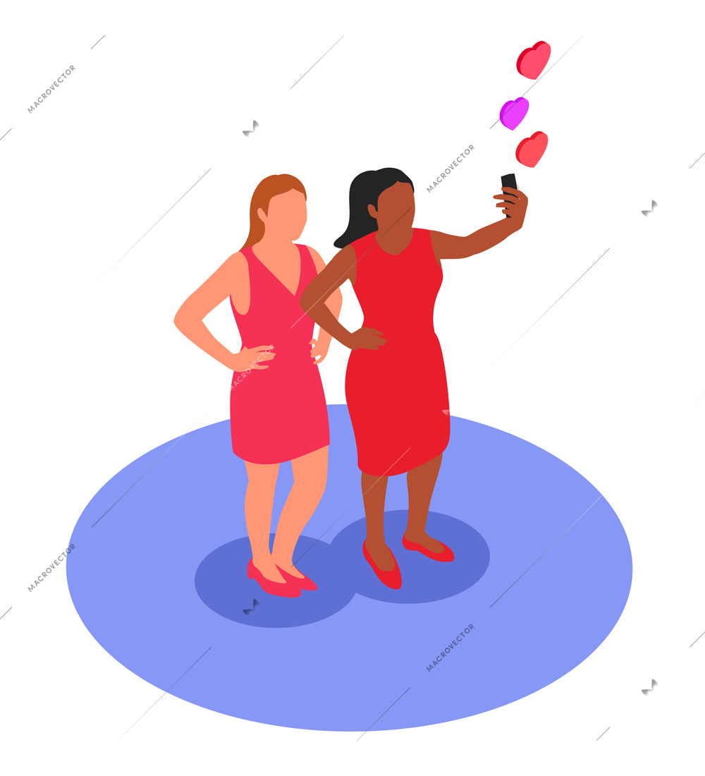Two women in red dresses streaming a mobile video and get likes isometric vector illustration