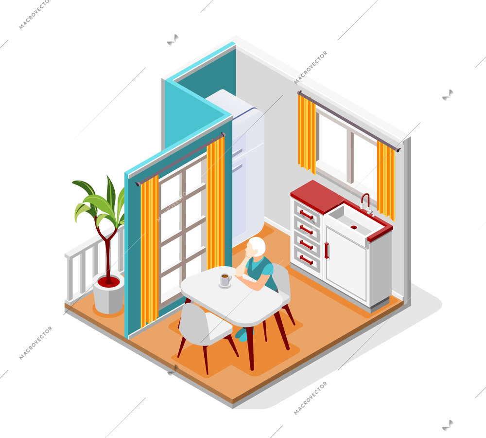 Loneliness isometric composition with old woman sitting at kitchen table with cap of coffee and looking in window vector illustration