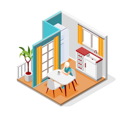 Loneliness isometric composition with old woman sitting at kitchen table with cap of coffee and looking in window vector illustration