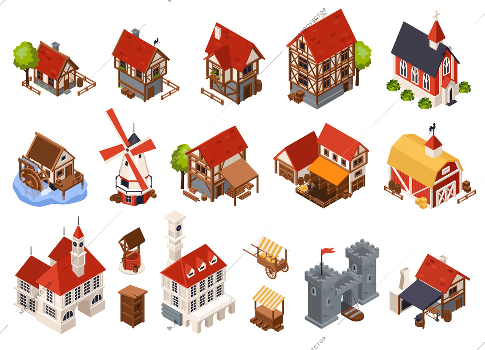 Medieval architecture isometric set with mill church and castle isolated vector illustraion