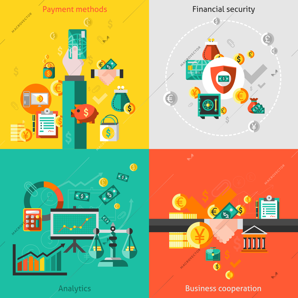 Finance flat icons set with payment methods financial security analytic business cooperation isolated vector illustration