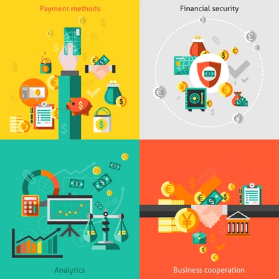 Finance flat icons set with payment methods financial security analytic business cooperation isolated vector illustration