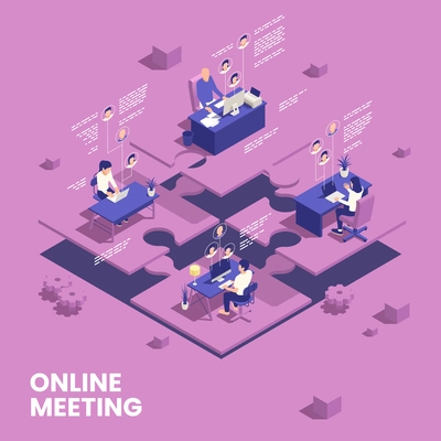 Online conference concept with webinar and research symbols isometric vector illustration