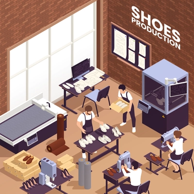 Shoes production background with footwear manufacturing symbols isometric vector illustration