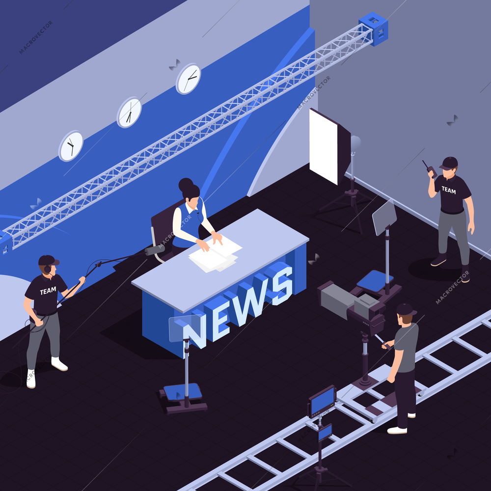 TV show isometric background with breaking news symbols vector illustration