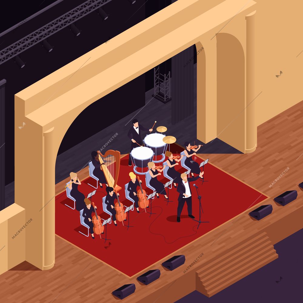 Opera theatre isometric background with musical  performance symbols vector illustration