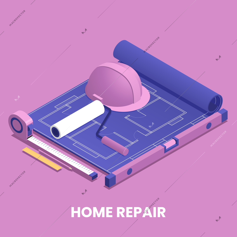 Home repair concept with redecoration and work symbols isometric vector illustration