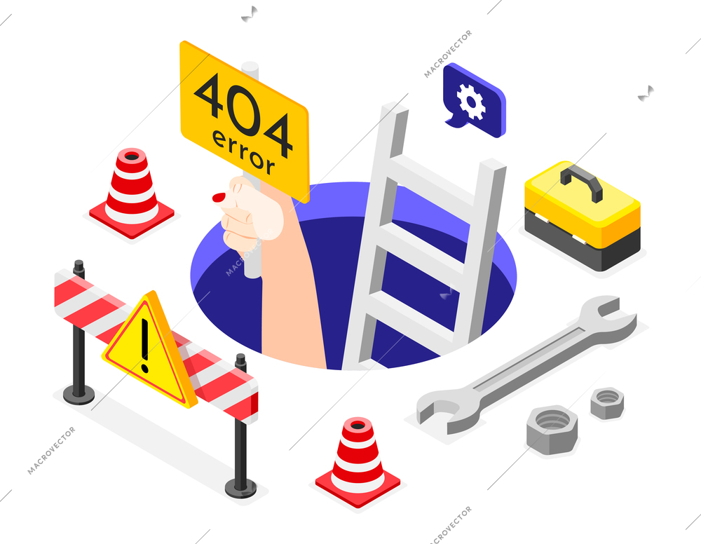 Isometric error background hand reaches out from the hole with the sign of error four hundred and four vector illustration