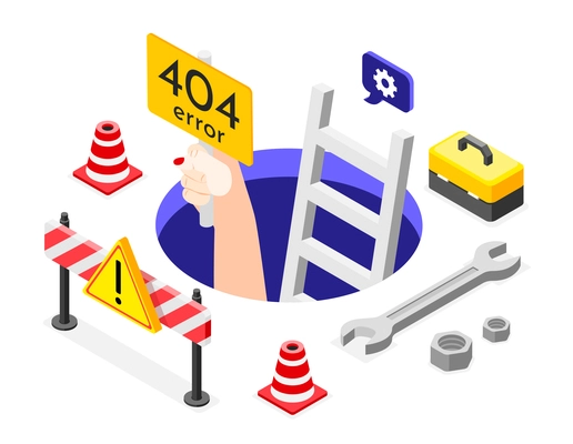 Isometric error background hand reaches out from the hole with the sign of error four hundred and four vector illustration